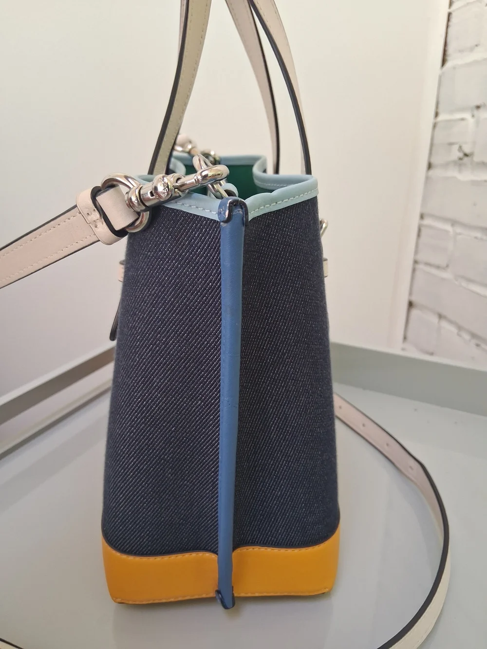 Authentic Coach Mollie Denim Color block Tote - Navy, Yellow & Light Blue